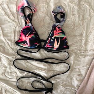 Strappy wrap around floral ruffle bikini top